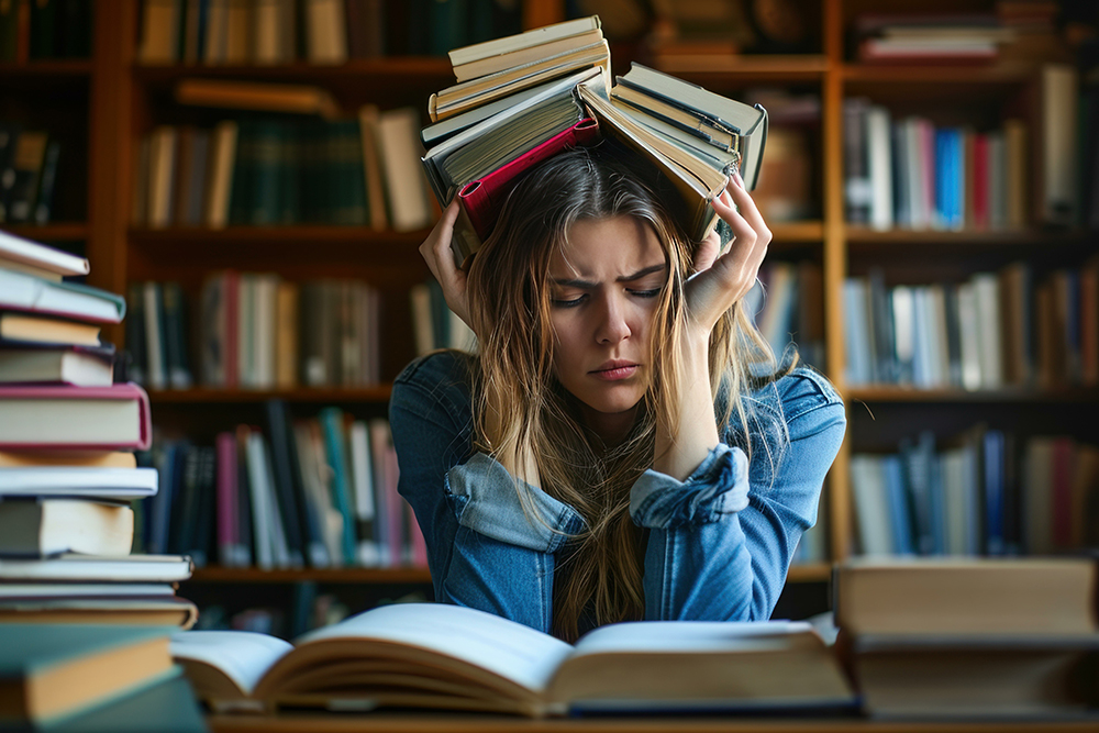 A woman sitting at a desk with open books, holding several books on her head in a library setting.
