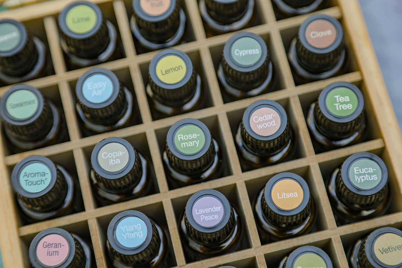 A collection of dōTERRA essential oil bottles arranged in a wooden storage box, with labeled caps visible.